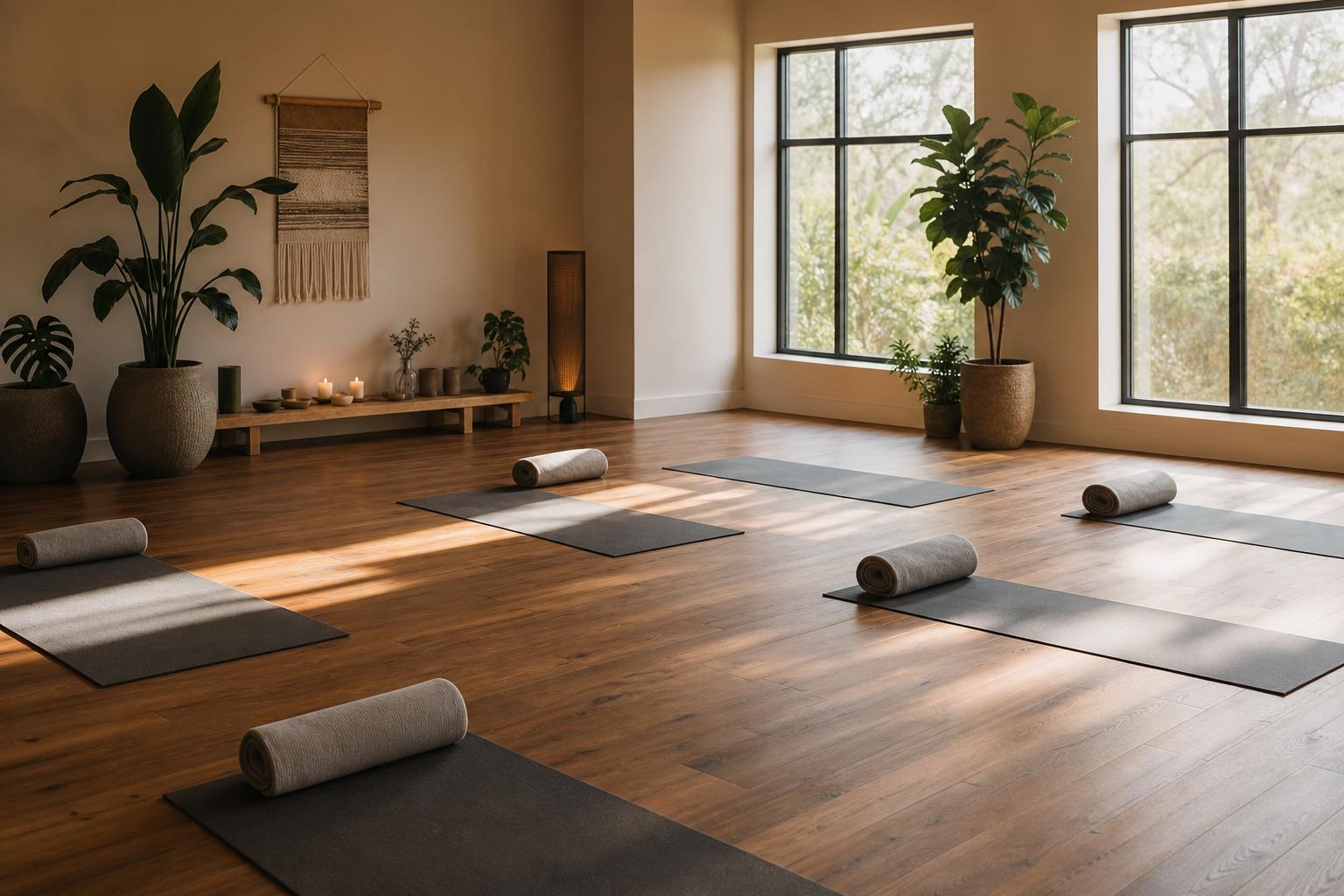 Yoga mats laid out in morning light at Mată Studio