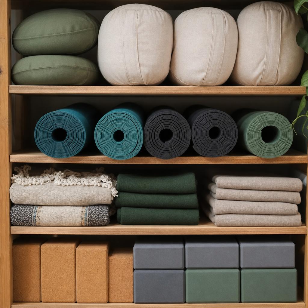 Shelves of bolsters, mats, blankets, and cork blocks